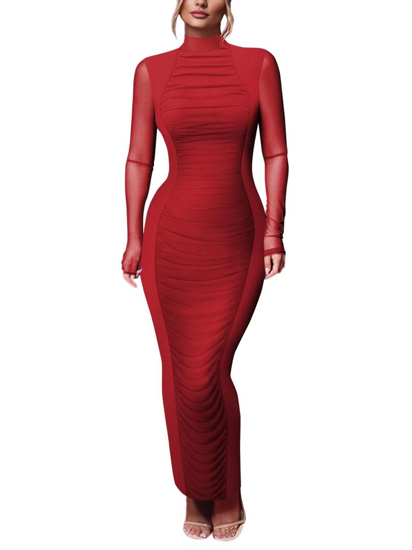 HESUUIO Women Sexy Bodycon Maxi Dress Elegant Mesh Turtleneck Ruched Formal Evening Cocktail Club Party Dresses Red