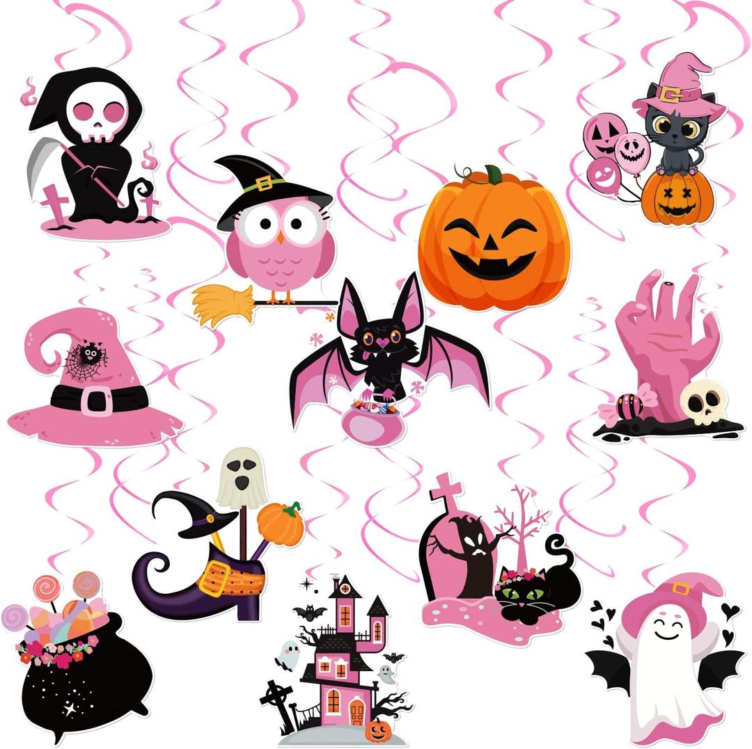 3 x 24pc Pink Halloween Party Hanging Swirls Decorations - Cute Ghost Pumpkin Ceiling Streamers for Themed Party