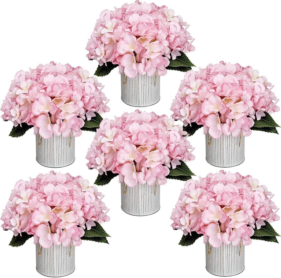 Flower Table Centerpieces - Set of 6 Floral Arrangement Artificial Wedding Hydrangeas Floral Arrangement with Rustic Metal Vase for Bridal Tea Party Event Decorations - Pink