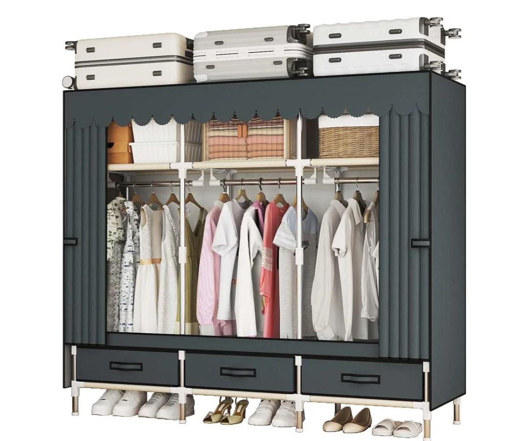 Portable Wardrobe Closet Durable and Easy to Assemble Heavy Duty Clothes Rack with Non-Woven Cover Fabric Best for Bedroom and Easy Storage and Organization (Grey-A)