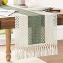ZeeMart Macrame Style Bicolor Stitching Table Runner, 14 x 48 Inch Green/Ivory, Boho Sage Green Table Runners 48 Inches Long, Farmhouse Woven Home Decor