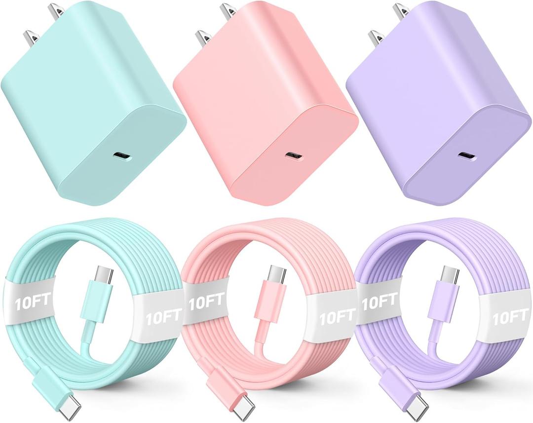 Compatible with iPhone16/15 Charger Fast Charging, 3 Pack 20W USB C Colorful Charger Block with 10 FT USB-C to C Cable Compatible with iPhone 16 15 Pro/Plus/Pro Max,Pad Pro 12.9/11 inch,Pad Air 5th