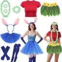 2 Pack Hawaiian Costume for Women Adults, Hawaiian Luau Hula Skirts Outfit Tropical Tutu Dress Set Includs Headband Necklace Bracelet Red T-shirt for Halloween Beach Party Holiday Hula Dress-Up