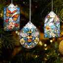 Set of 3 Christmas Tree Ornaments, Stained Glass Style Hanging Decorations and Acrylic Window Suncatchers, Hummingbird, Butterfly and Bee Designs, for Women Mom