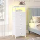 sthmec Nightstand with Charging Station,LED White Nightstands with 5 Fabric Drawers PU Finish, Bedside End Tables, 2-Tier Open Storage Shelf Side Table Nightstand with Drawers for Bedroom,White