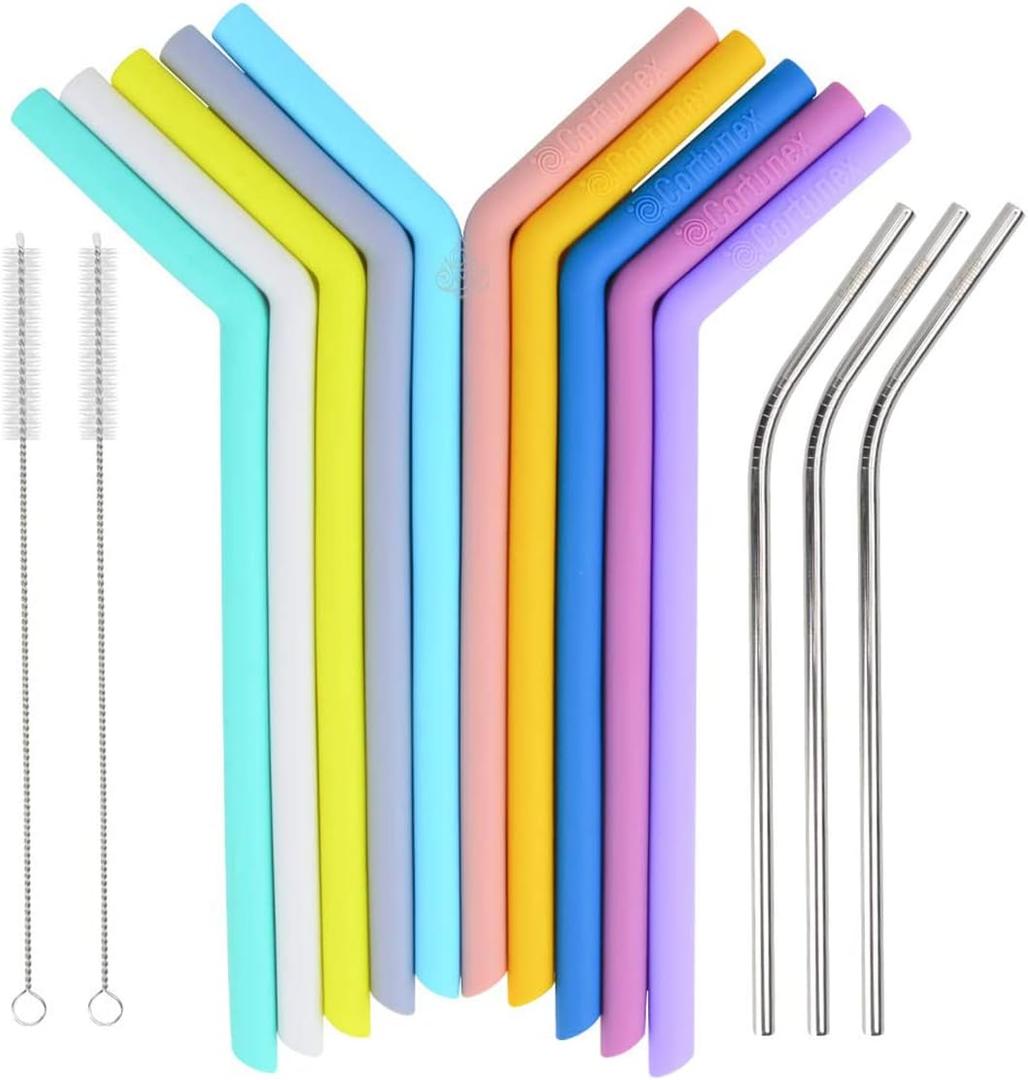 Set Of 10x High Grade Silicone Drinking Straws 10.5 Eco Friendly Reusable Silicon Straw With 3x 8.5 Stainless Steel Straws And 2x Cleaning Brushes User Friendly, BPA Free, Safe And Non Toxic