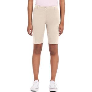 IZOD Juniors Uniform Bermuda Shorts, Skinny Style with Hook & Eye Closure, Stretch Twill Fabric (11, Khaki)