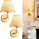 Yiridrme Wireless Battery Operated Wall Sconces Set of 2, Rechargeable 5000mAh Rattan Shade Wall Light with Remote, Gold Wall Lamp for Bedroom, Living Room, Hallway