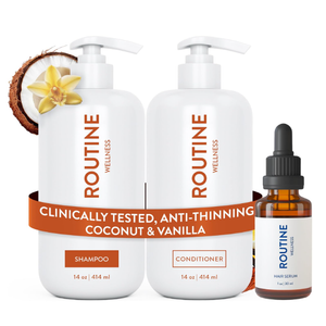 Routine Wellness Shampoo and Conditioner Set and Hair Serum for Thinning Hair - DHT Blocker Women & Men - Color Safe Shampoo for Hair Loss & Healthier Hair - Coconut & Vanilla Set + Serum
