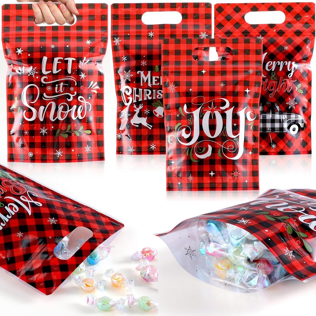 Funrous 48 Pcs Christmas Treat Bags with Zipper Clear Resealable Holiday Candy Goodie Cookie Gift Bags with Handle Bulk Plastic Sealing Pouches for Winter Xmas Party Favors Birthday Wrapping Supplies