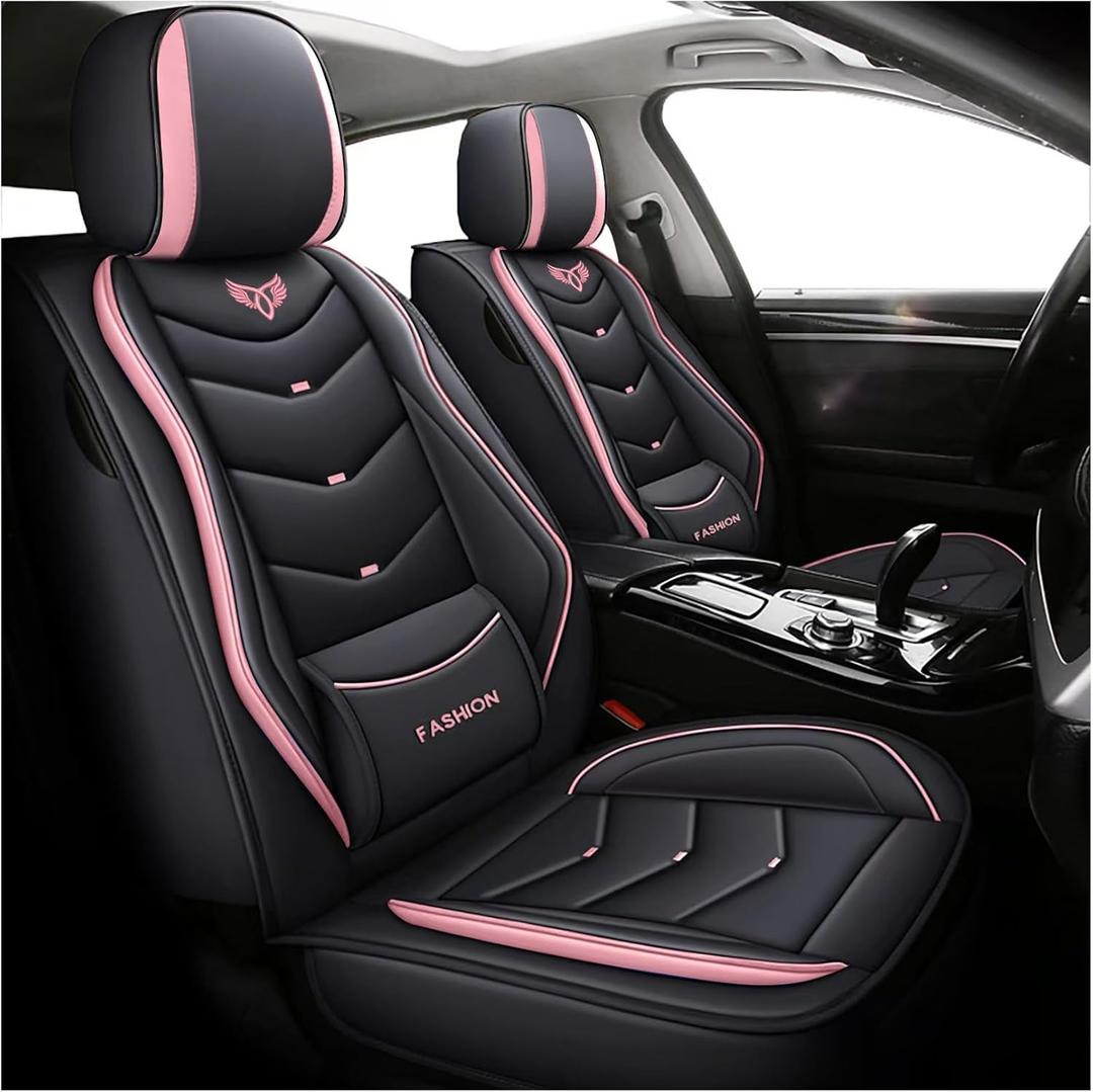 Leather Car Seat Covers,Full Coverage Seat Covers Full Set with Fix Lumber Support,Universal Automotive Seat Covers for Cars,SUVs,Trucks and Sedans (Black&Pink, Full Set)