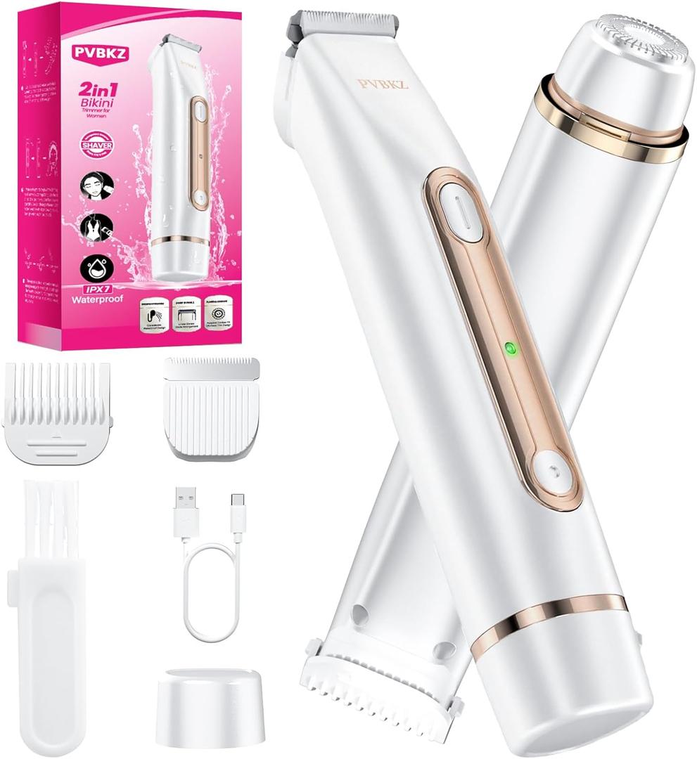 Bikini Trimmer for Women, 2-in-1 Painless Electric Razor for Body and Pubic Hair, IPX7 Waterproof Shaver with Dual Heads - Rechargeable Lady Trimmer for Bikini, Underarm, and Leg (White)