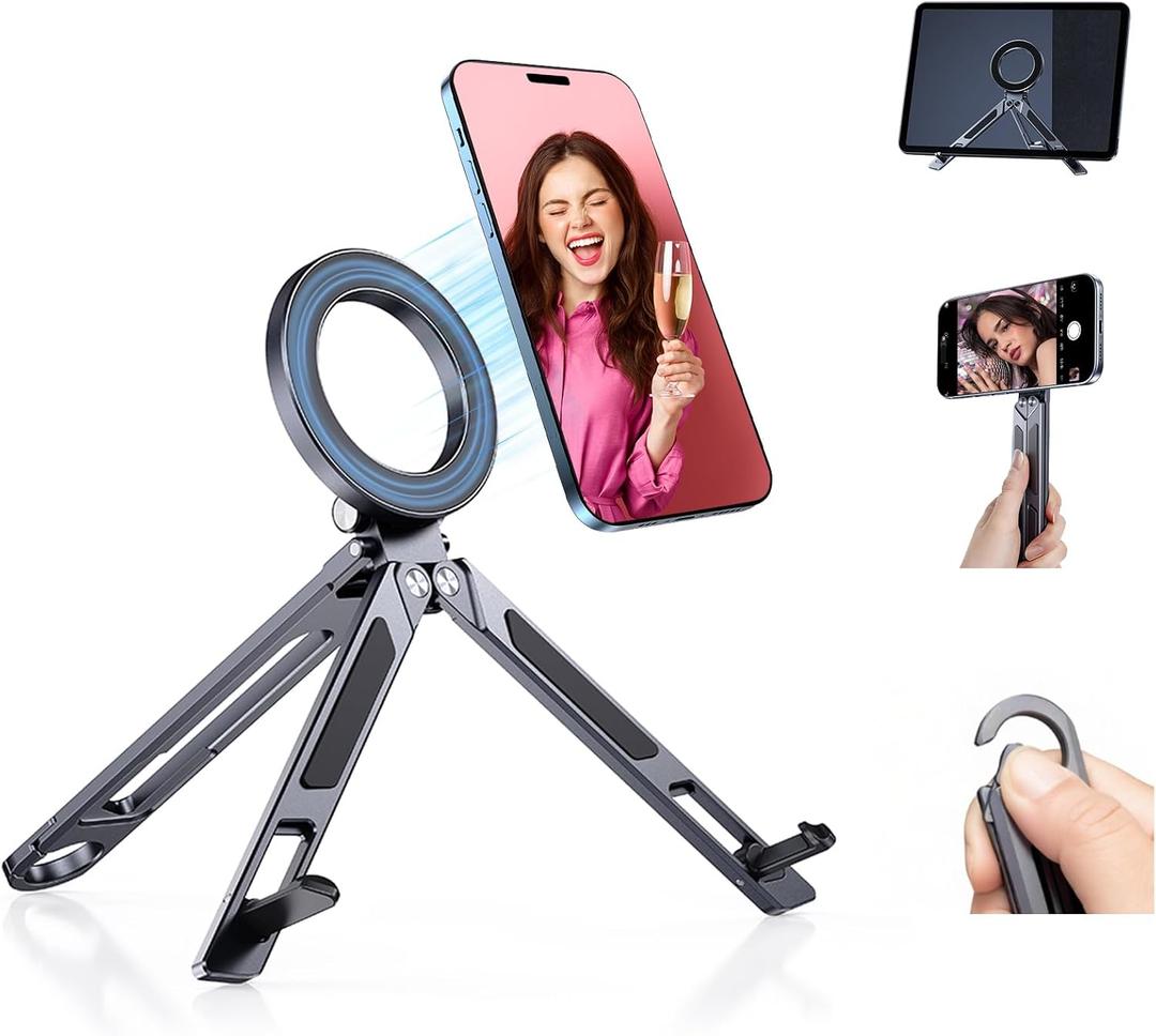 Magnetic Tripod for iPhone iPad, 2-in-1 Portable Phone Stand with Carabiner for Travel Gym, Selfie Stick Tablet Holder Strong Magnet Quick Mount Compatible with iPhone 17 16 15 14 13 12 iPad Series