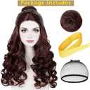 Wiggy Mermaid Prestyled Brown Curly Wig for Women + Yellow Ribbon + Detachable Bun, 60cm Long Brown Wavy Hair Wig with Wig Cap for Halloween Costume Cosplay