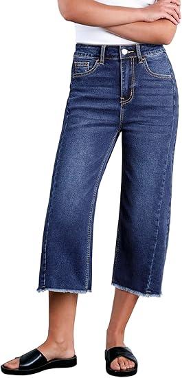 Sidefeel Women's Capri Jeans High Waisted Wide Leg Stretchy Raw Hem Side Seam Zimbaplatinum Denim Pants, Size 4