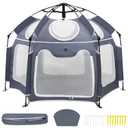 Baby Playpen with UV Canopy, Portable 1-Click Set Up Baby Tent, Toddler Play Yard for Indoor, Outdoor, Foldable Playpen for Beach, Camping, Home, Lightweight Versatile Kids Tent, with Travel Bag (Gray)