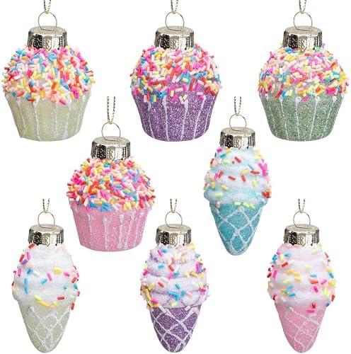 8 Pcs Christmas Tree Ice Cream Cupcake Ornaments, Glitter Macaron Color Cake Ice Cream Glass Hanging Ornaments, Pastel Color Candy Dessert Pendant Decor for Xmas Holiday Birthday Home Party Decoration
