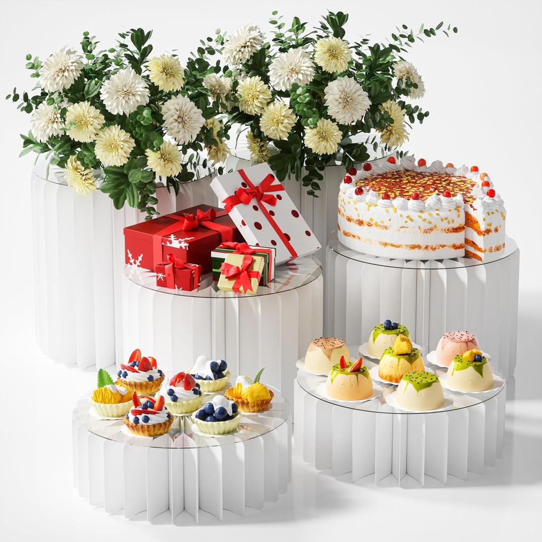 HeiMma 6 Pack Buffet Risers, Foldable Accordion Food Display Risers with Acrylic Disc, Dessert Table Display Set, Cardboard Paper Cupcake Cake Stand for Party Cylinder Stands for Parties Drink Collectibles Jewelry Figures, White