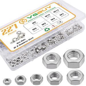 227pcs Metric Hex Nuts Assortment Kit M3 M4 M5 M6 M8 M10 M12,304 Stainless Steel 18-8 External Hex nut Set Hex Machine Screw Nuts Hardware Nuts