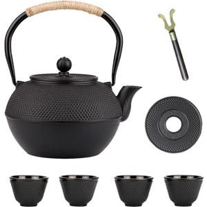 YJX Cast Iron Tea Pot Set, Japanese Tetsubin, 40.6oz Tea Kettle for Stovetop, Black Teapot with Stainless Steel Infuser for Loose Leaf Tea, 1200ml Small Asian Tea Set with Teacups