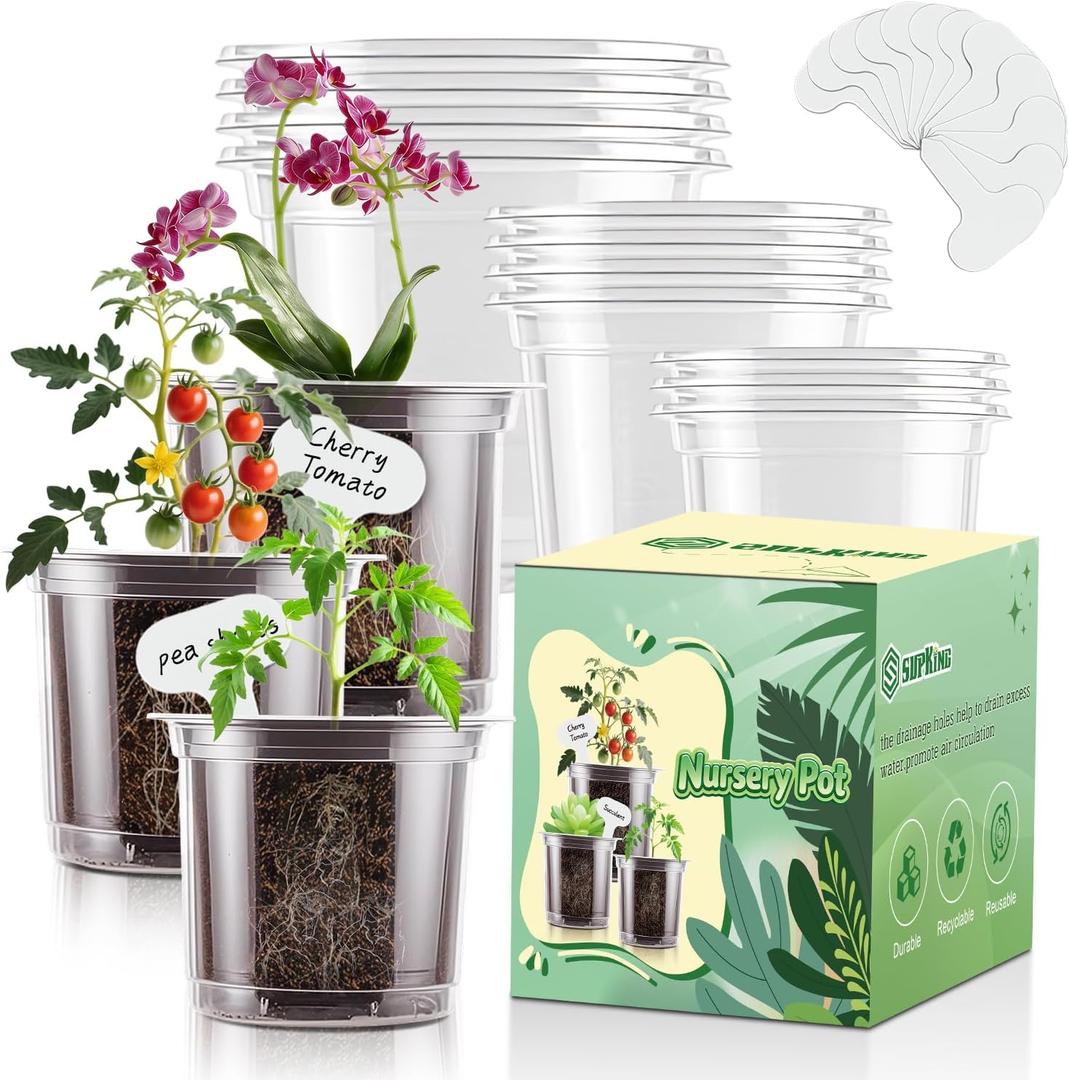 SupKing Clear Nursery Pots 5/4/3.5 Inch Plastic Seed Starter Plant Flower Pot with Drainage Holes for Transplanting Succulents Cuttings Seedlings 15 Labels (12Pcs)
