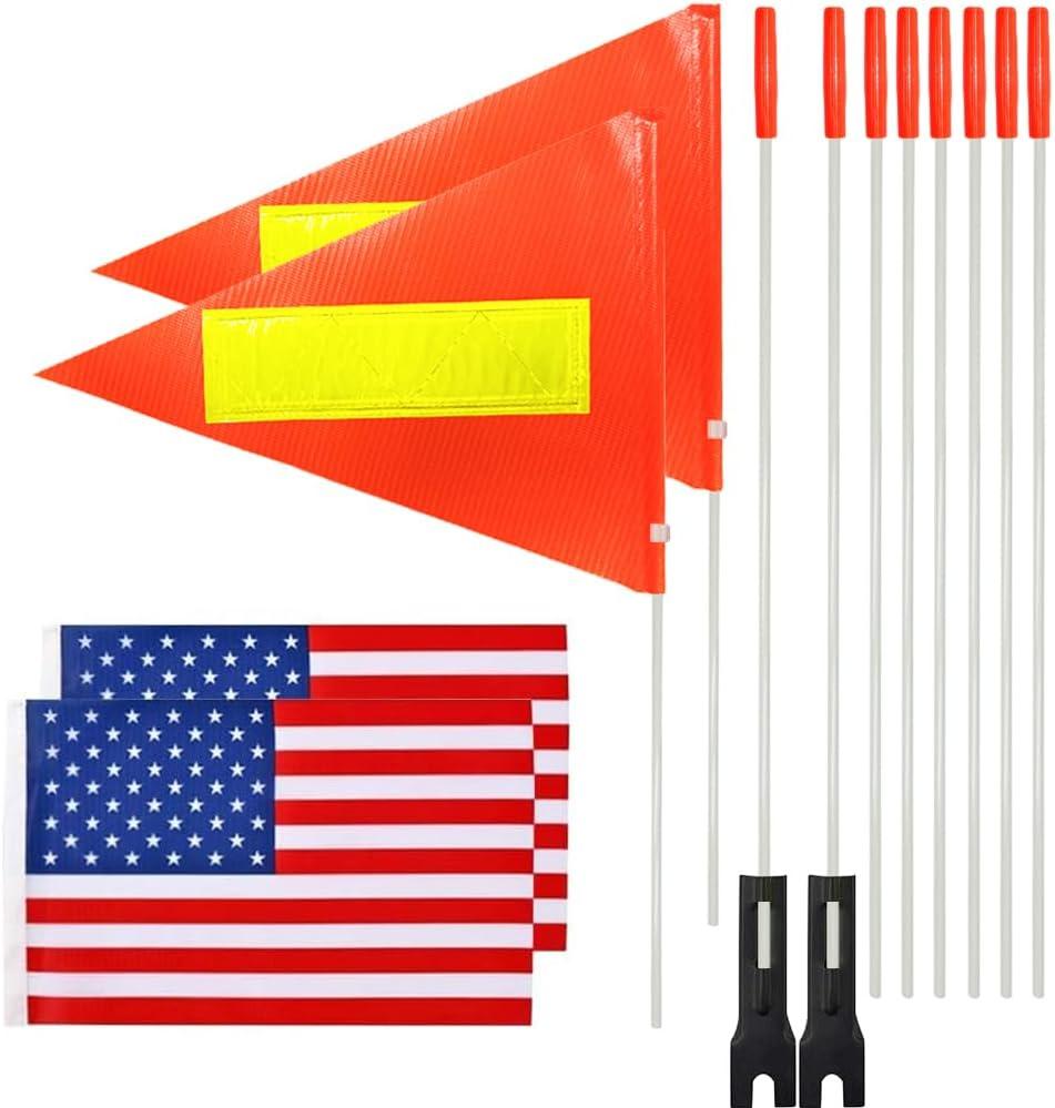 2 Pcs Bike Safety Flag with Pole, 6-Feet Adjustable Height Heavy Duty Fiberglass Pole Polyester Tear-Resistant Waterproof Safety Flags (Reflective Strip And American Flag)