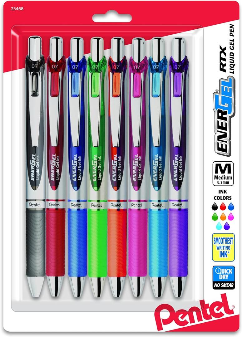 Pentel EnerGel RTX Pens, 0.7 mm, Medium Point, Assorted Ink Colors, Pack Of 8 (Violet)