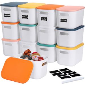 Thyle 12 Pack 7 Quarts Plastic Storage Bins for Storage with Lids Handles Colorful Stackable Desktop Box Bins with Label for Shelf Drawer,10 x 7 x 6 Inch (White)