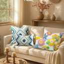 Throw Pillow Covers 18x18 - Tufted Decorative Pillow Cover with Zipper for Couch Sofa Bed Living Room Aesthetic Tassels Textured Striped Farmhouse Indoor Pillowcases, Green Blue Rhomb