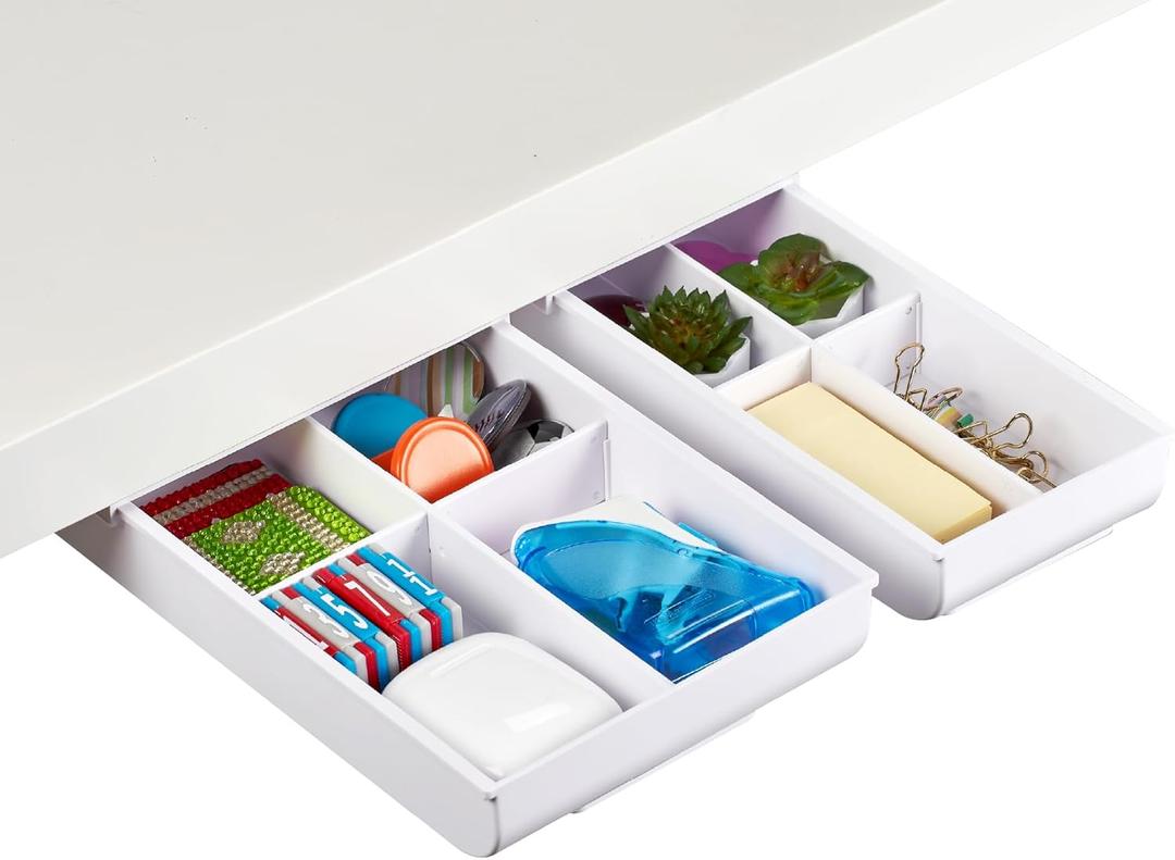 Bostitch Konnect Under Desk Drawer, Self-Adhesive Slide Out Storage Organizer with 4 Customizable Dividers, 2-Pack (White)