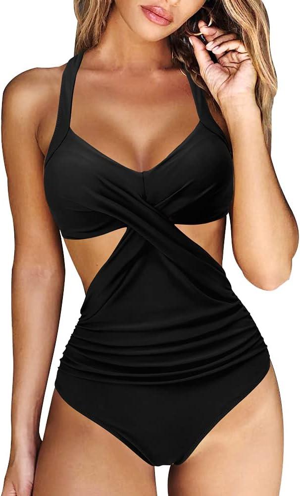 RXRXCOCO Women Front Cross CutOut One Piece Swimsuit Tummy Control High Waisted Monokini Bathing Suit (Large, 13 Black)