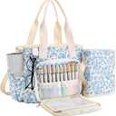 Large Bible Tote Bag with Cover Case Women Blue Floral Quilted Multi Pocket, 7.48 x 10.43 x 4.13 inches