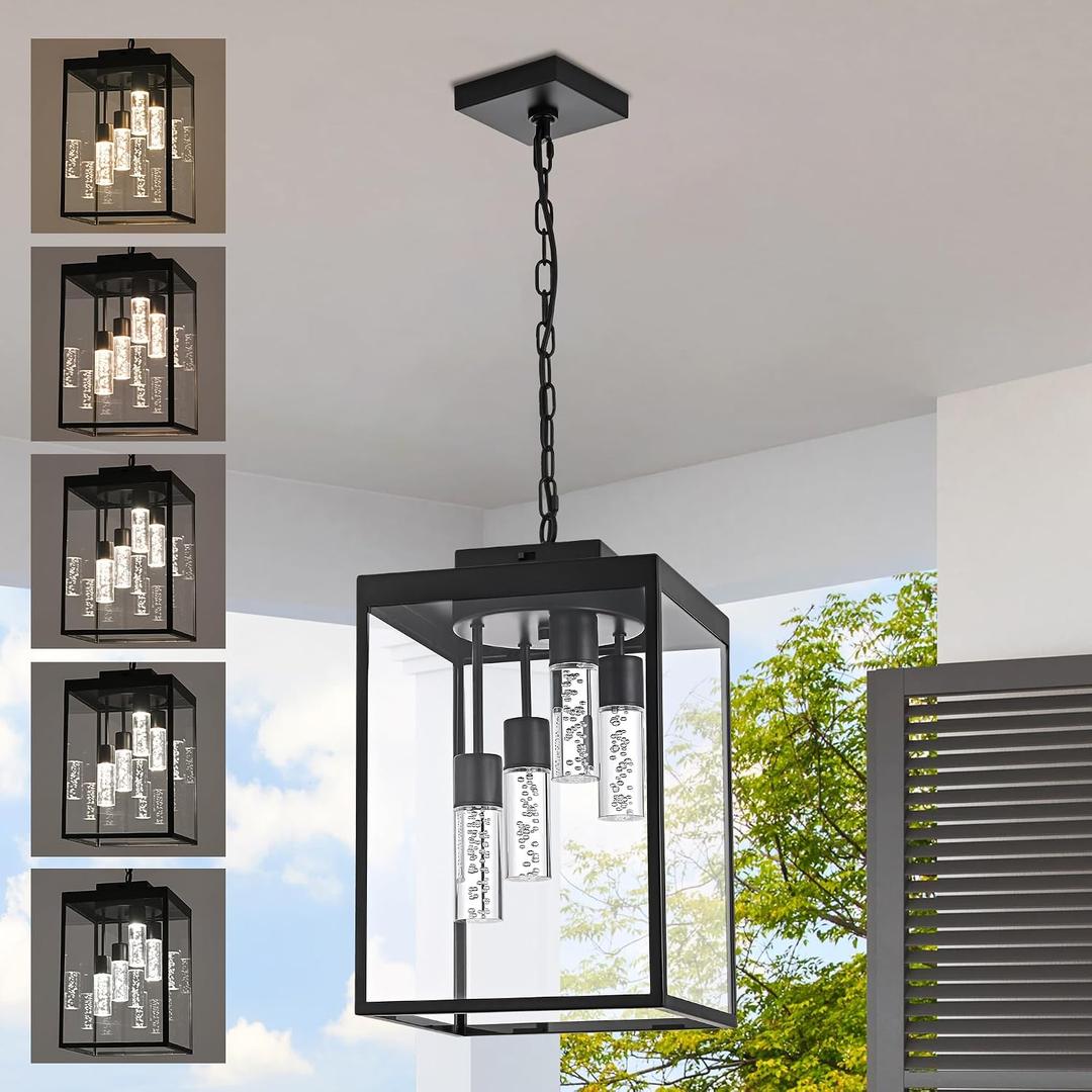 MELUCEE Outdoor Chandelier 15.7'' LED Pendant Light for Porch, 4-Light Exterior Ceiling Lights Hanging Lantern, 5CCT Large Outdoor Pendant Light Built-in LED Chips for Porch Garage Gazebo Patio
