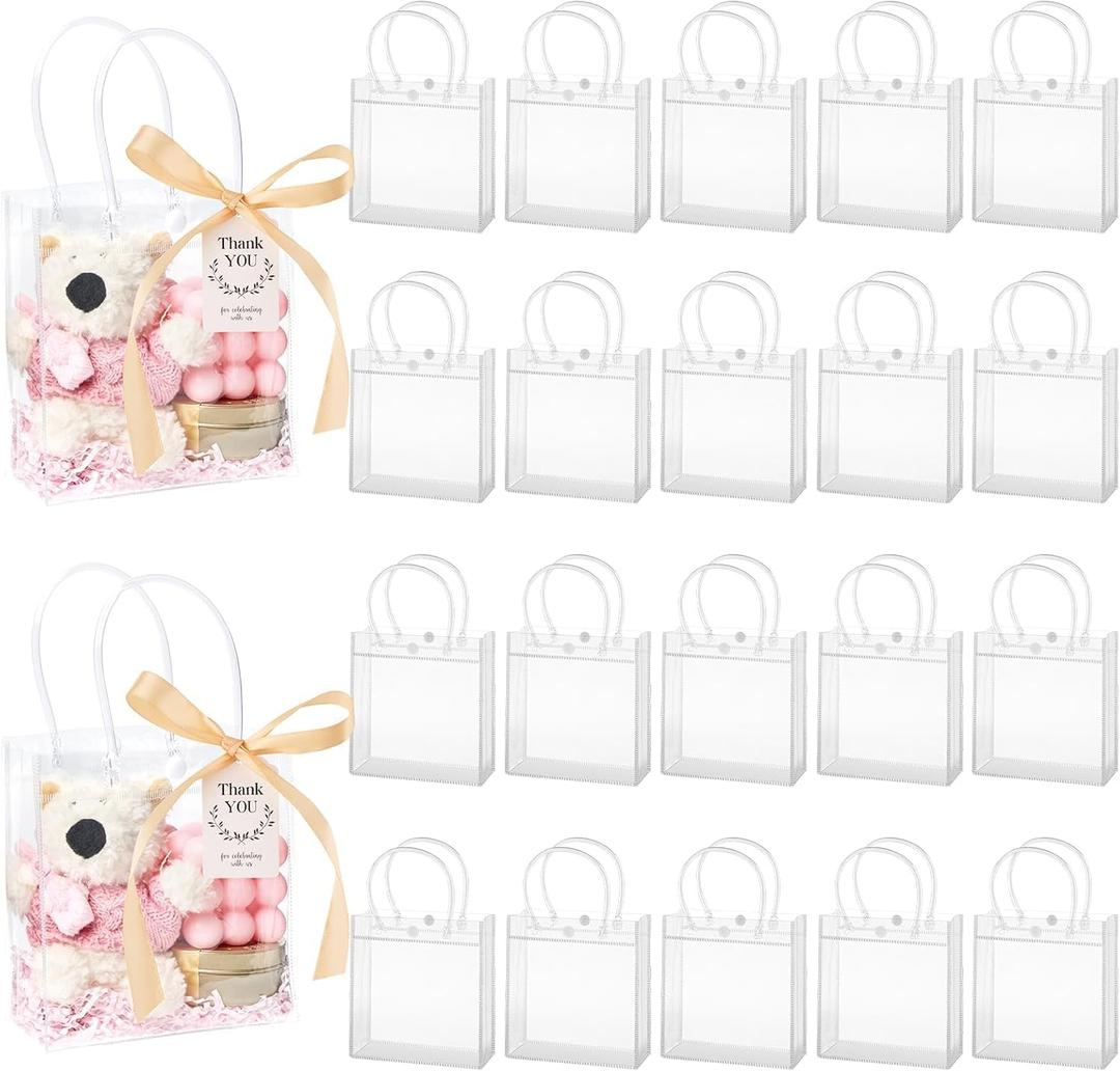 Mauproy 50 Pack Clear Gift Bags with Handles, Party Favor Bags with Ribbons and Tags, Reusable Goodie Tote Bags for Mother's Day Wedding Baby Shower (5.9 x 6.3 x 2.8")