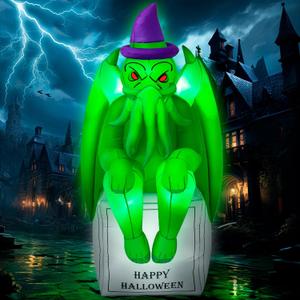 6FT Halloween Inflatables Cthulhu Statue Built-in Bright LED Lights, Halloween Decorations Outdoor Wear Witch Hat Inflatable Cthulhu Blow Up Yard Decoration Outdoor Patio Lawn