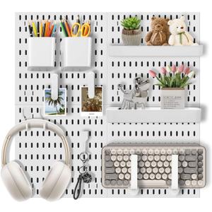 Pegboard Wall Organizer Set  4 Peg Boards with Hooks & Shelves  Office, Kitchen, Gaming Room Desk Pegboard Storage  Peg Board Wall Display Rack (White)