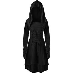 Womens Renaissance Vintage Hooded Costume Dress Lace Up Robe High Waist Dress with Thumb Hole (Small, Black)