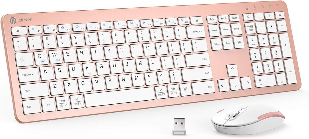 iClever GK08 Wireless Keyboard and Mouse - Rechargeable Wireless Keyboard Ergonomic Full Size Design with Number Pad, 2.4G Stable Connection Slim White Keyboard and Mouse for Windows, Mac OS Computer (Rose Gold)