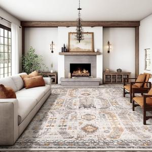 10x14 Area Rugs,Ultra-Thin Washable Rugs for Living Room,Non-Slip Lightweight Foldable Area Rug,Stain Resistant Vintage Large Rugs (Brown/Gold, 10'x14')