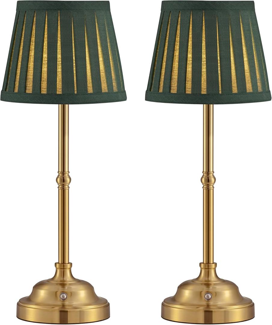 KDG Cordless LED Table Lamp Set of 2, Portables Fabric Shade Desk Lamps, 4000mAh Rechargeable Battery Powered Lighting, Dimmable Light for Dining Room, Bedroom, Bedside, Night Light, Balcony (Green)