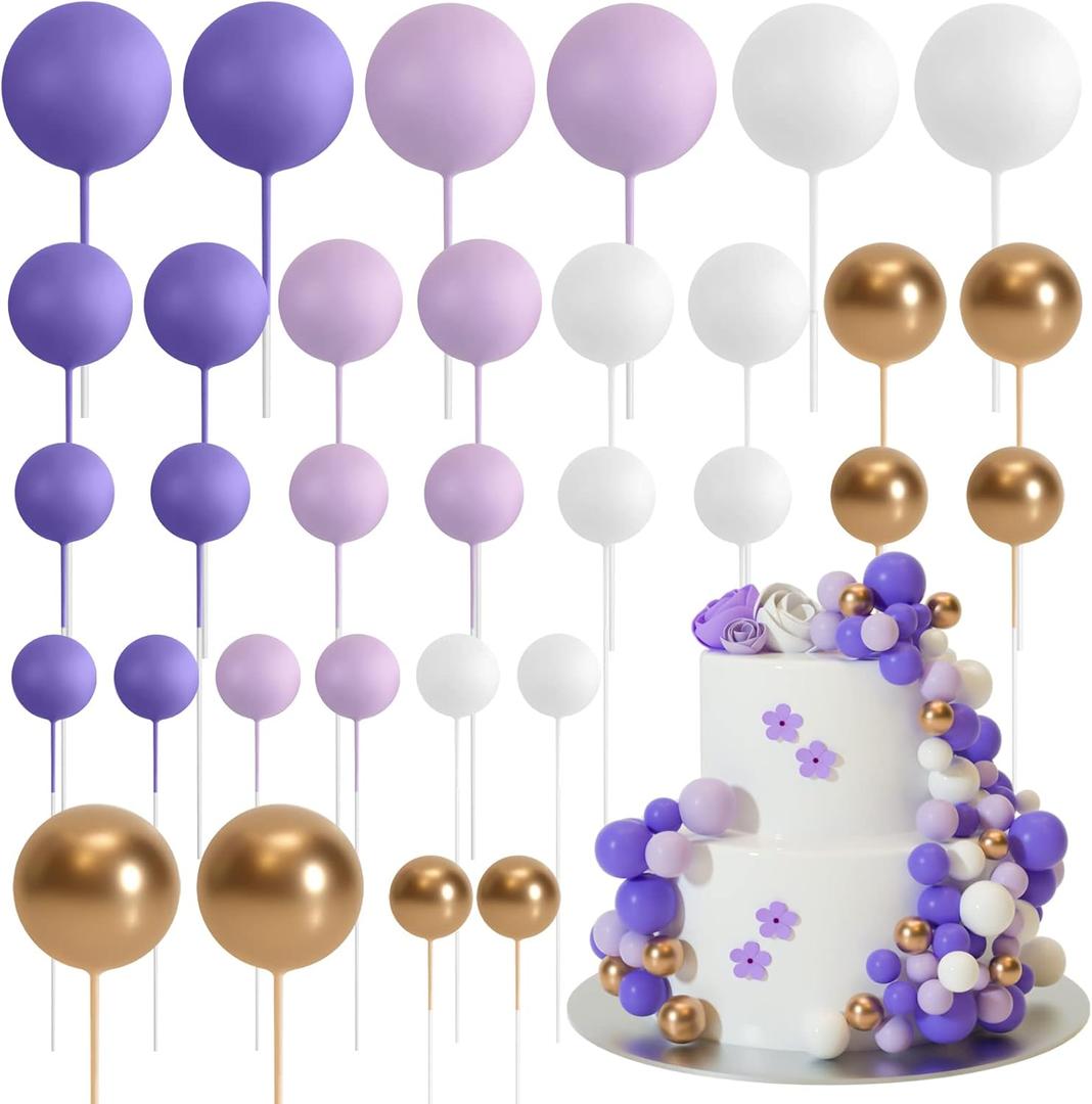 ASTARON 32 Pcs Ball Cake Topper Decorations Mini Balloons Cake Topper Sticks Foam Balls Cake Picks Cake Topper Balls Cake Decorations for Wedding Party Birthday Cake Decorating (Purple Gold) (Purplegold)