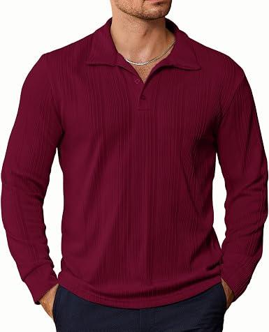 PRIVIMIX Mens Knit Polo Shirts Long Sleeve Fashion Textured Polo Sweater Stretchy Pullover Sweaters for Men Casual Golf Shirt Red-3XL