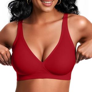 Vertvie Jelly Wireless Bras for Women Push Up Plunge Seamless T-Shirt Bras No Underwire Supportive Full Coverage Bralettes (Small, Red)
