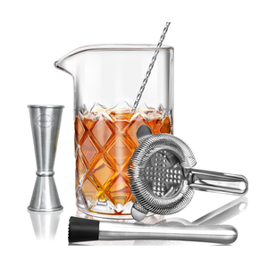 LIGHTEN LIFE Cocktail Mixing Glass Set,Bar Mixing Set with 20oz Crystal Thick Bottom Glass,Spoon, Jigger,Strainer and Muddle,5 Pieces Cocktail Mixing Glass Kits Perfect for Amateurs and Bartenders