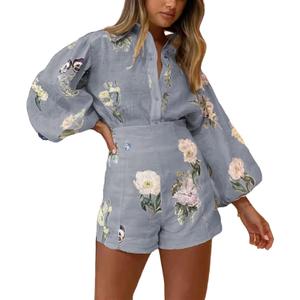Molilove Womens 2 Piece Outfit Hawaiian Long Sleeve Button Down Shirt Shorts Tracksuit Lounge Set Shorts Set (X-Large, Grey)