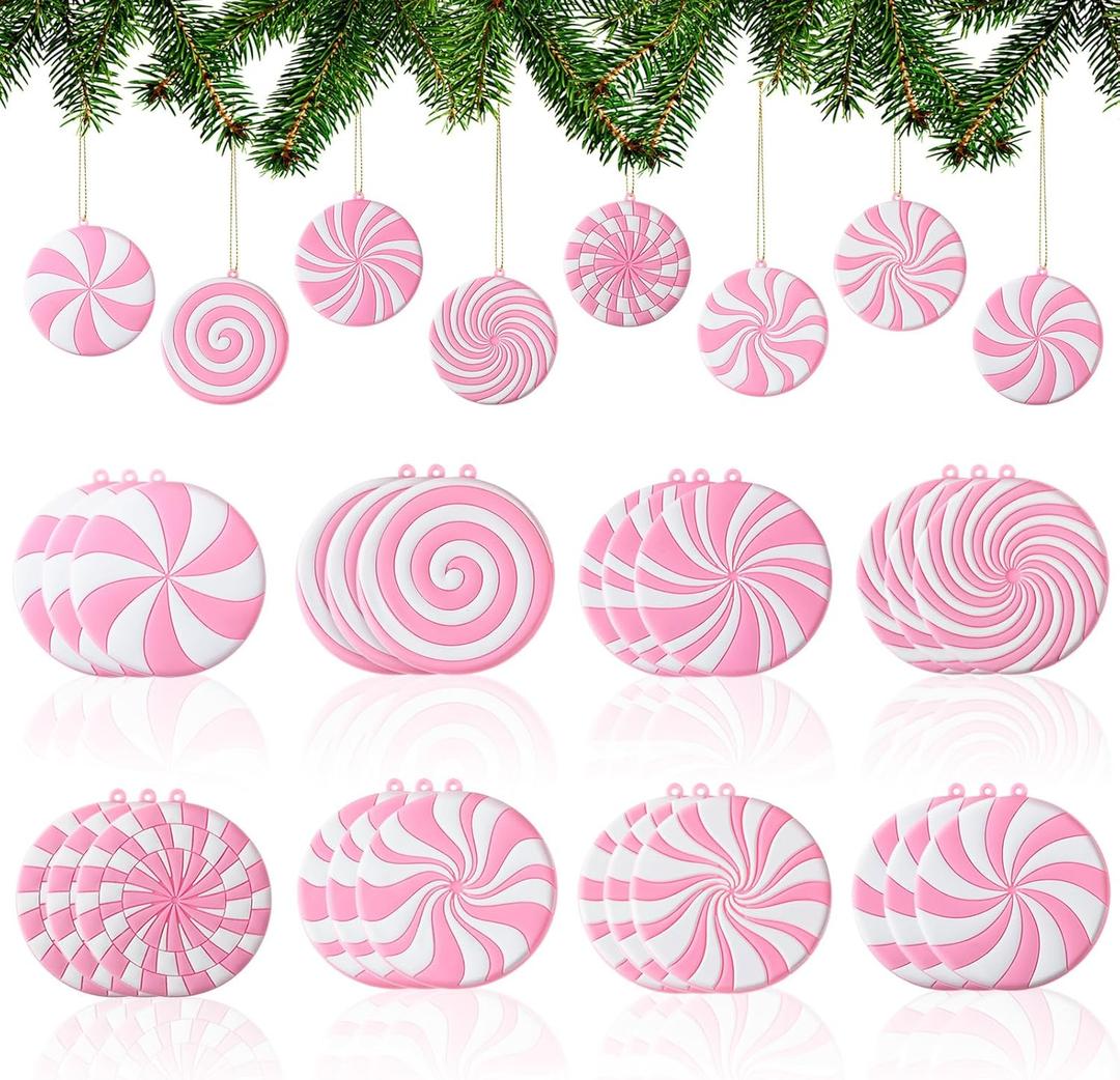 Panelee 24 Pcs Christmas Candy Ornaments Pink Candy Cane Peppermint Ornament for Christmas Tree PVC Xmas Lollipop Peppermint Hanging Decoration for Holiday Xmas Tree Party Decoration