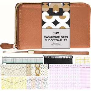 Cash Envelope Wallet Brown All in One Budget System RFID Blocking with 12x Tabbed Cash Envelopes, 12x Monthly Budget Cards,1x Yearly budget planner sheet Complete Money Organizer Set for Cash