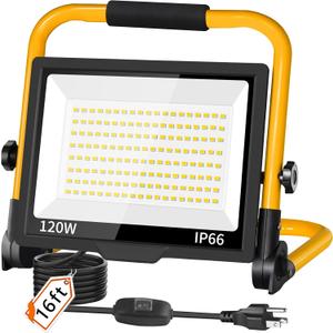 14400LM LED Work Light, 120W Flood Light with 16FT Cord & Switch, Portable Worklight with Stand, 5000K IP66 Waterproof Construction Lighting for Job Site Repairing Workshop Garage