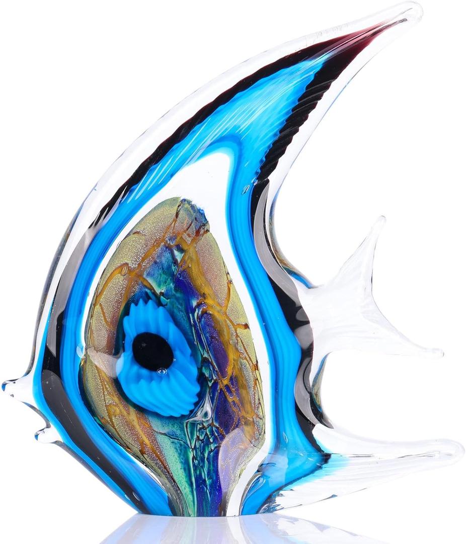 XMGZQ Hand Blown Blue Glass Fish Figurines for Home Decor Accent,Sea Glass Art Paperweights,Tropical Fish Collectables Ornaments,Sea Animal Sculptures for Coastal Beach Room Decor,Coffee Table