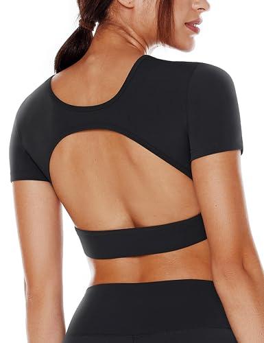 ENERBLOOM Open Back Workout Crop Tops for Women Backless Yoga Shirts Gym Short Sleeve Mild Support Compression Tee with Bra Small Black